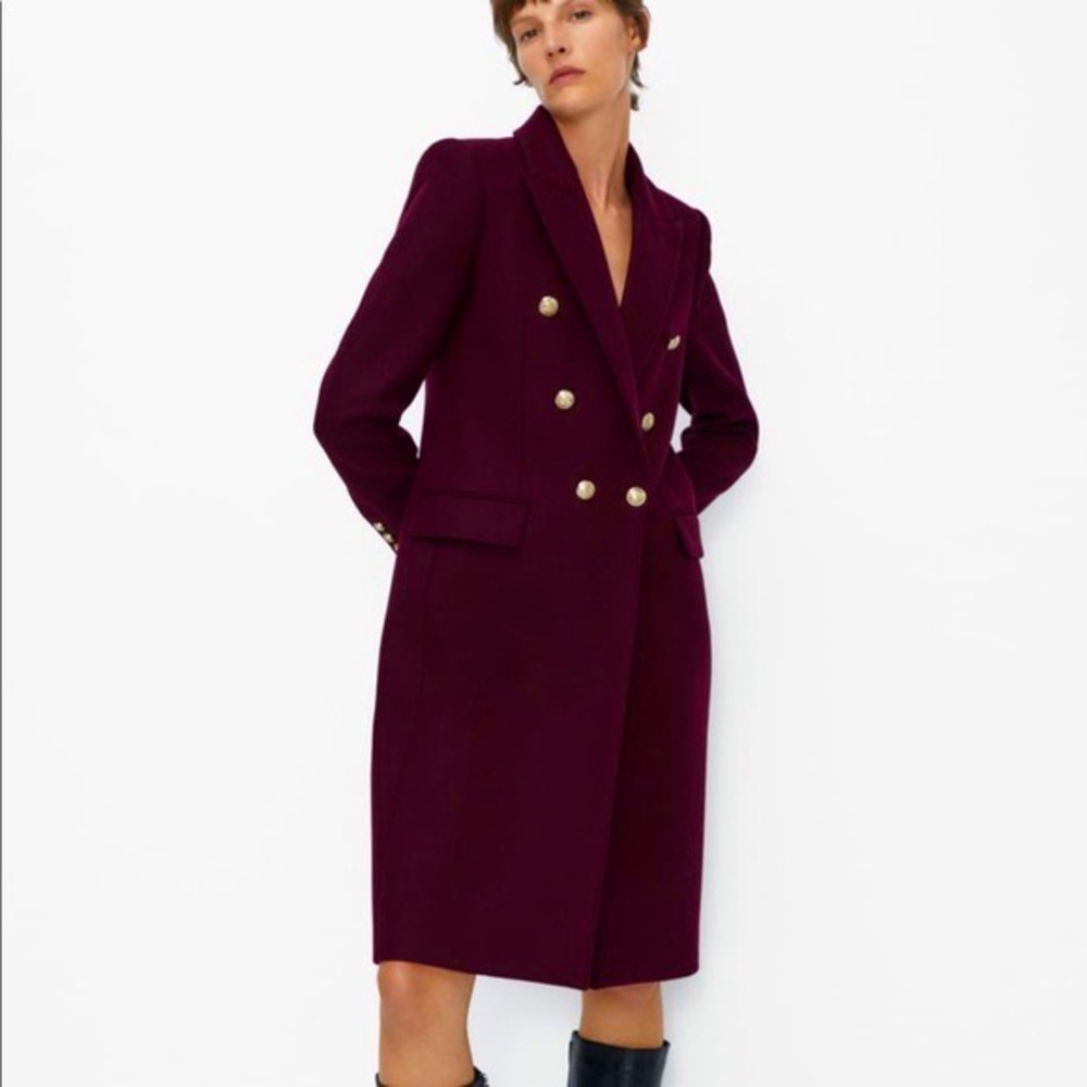 Zara Double Breasted Wool Blend Coat in Maroon, size M